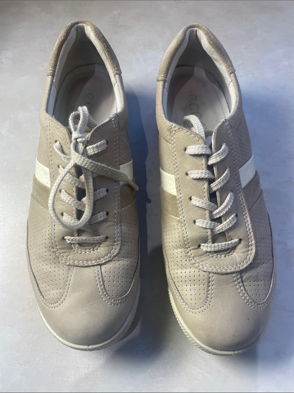 Ecco Women’s Taupe and White Perforated Leather Sneakers